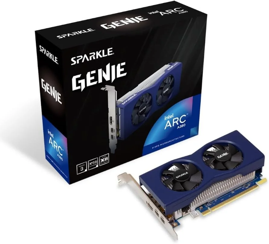 کارت گرافیک اسپارکل Intel Arc A380 Genie، با 6 گیگابایت حافظه GDDR6، طراحی کم حجم، دو فن، دو اسلات، یک خروجی HDMI و دو خروجی Mini DisplayPort، مدل SA380G-6G