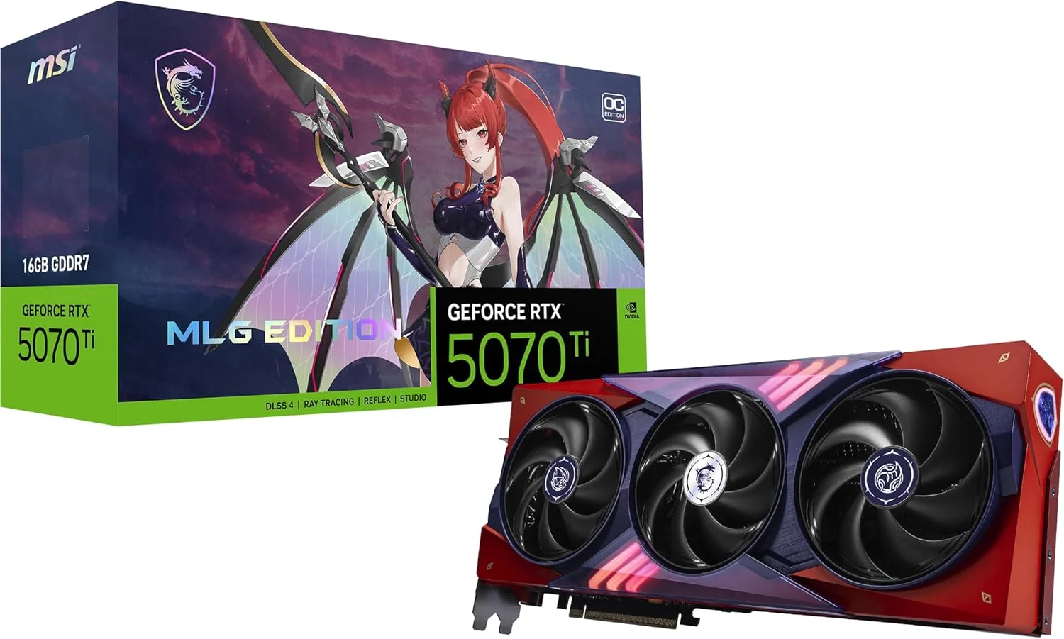 کارت گرافیک MSI Gaming RTX 5070 Ti 16G MLG Edition OC (با 16 گیگابایت حافظه GDDR7، 256 بیتی، سرعت کلاک 2580 مگاهرتز، DisplayPort x 3 2.1a، HDMI 2.1b، معماری NVIDIA Blackwell)