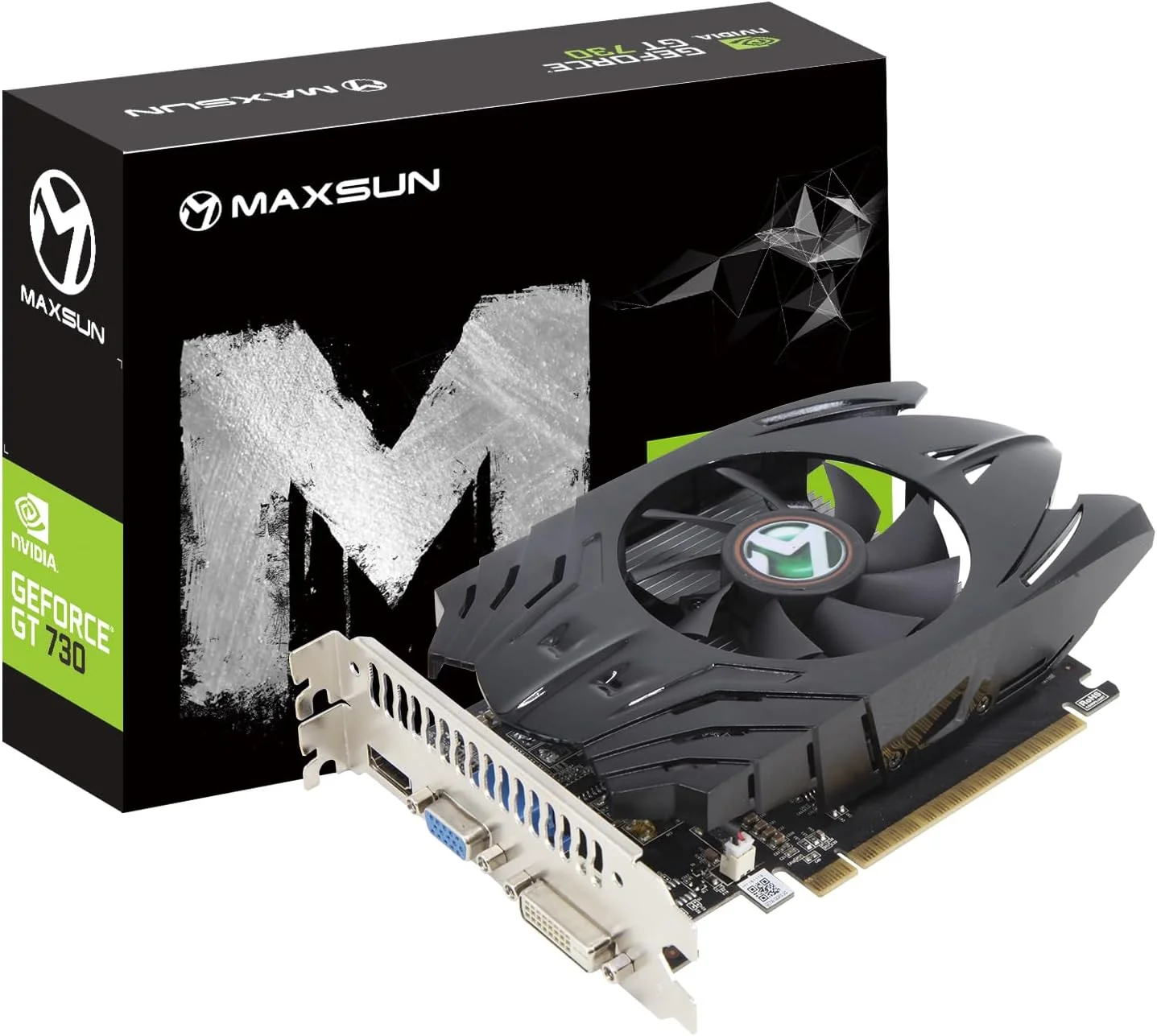 کارت گرافیک مکس سان GeForce GT 730 با حافظه 4 گیگابایت، مناسب کامپیوتر، طراحی ITX، رابط PCI Express، دارای خروجی DVI-I، HDMI و VGA با پشتیبانی از کیفیت 4K و چند نمایشگر
