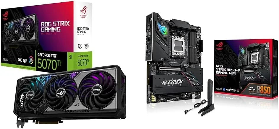 باندل کارت گرافیک ایسوس ROG Strix RTX 5070 Ti OC Edition با 16 گیگابایت حافظه GDDR7 + مادربرد ایسوس ROG Strix B850-F Gaming WiFi AMD AM5 ATX با 16+2+2 فاز قدرت، AI PC، DDR5 AEMP، WiFi 7، 4X M.2، PCIe® 5.0