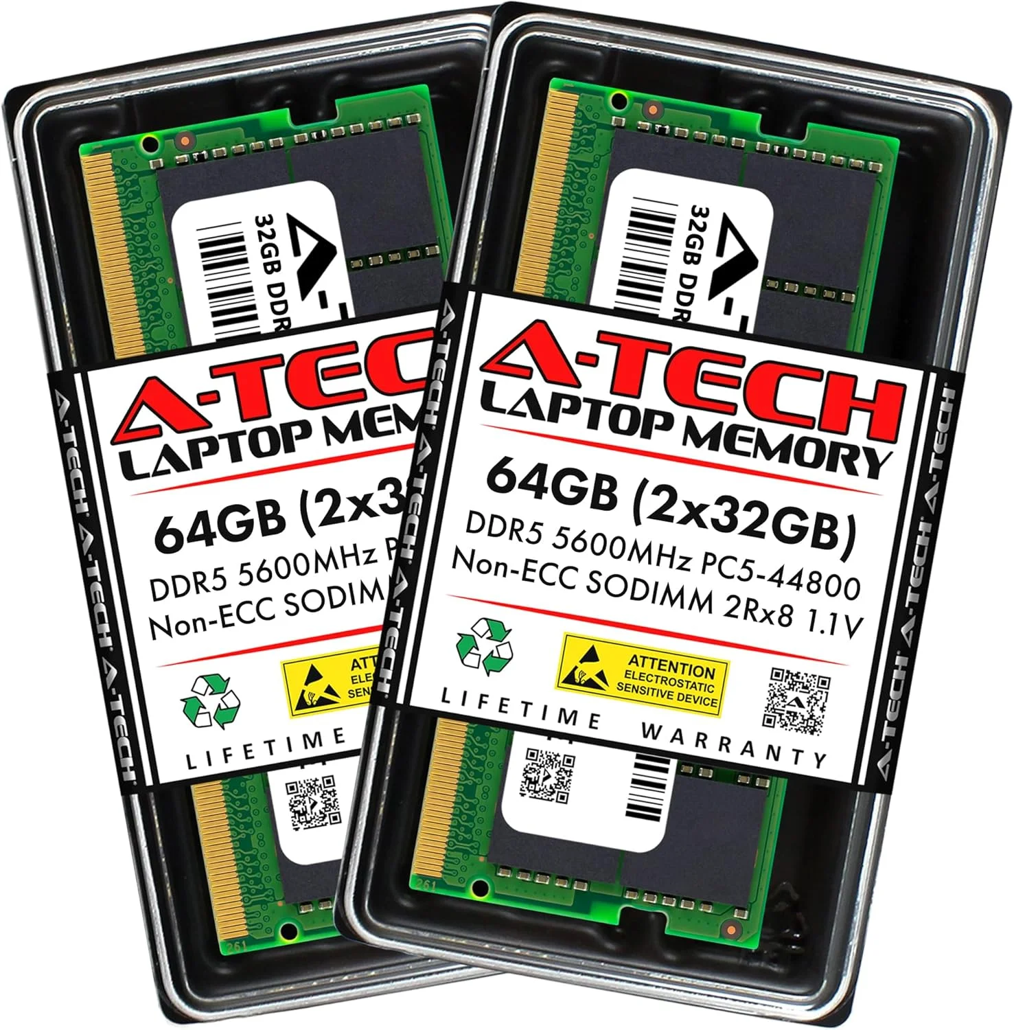 کیت 64 گیگابایتی A-Tech (2x32GB) DDR5 5600MHz PC5-44800 CL46 SODIMM 2Rx8 Dual Rank 1.1V Non-ECC Unbuffered SO-DIMM 262-Pin ماژول های ارتقاء حافظه رم کامپیوتر لپ تاپ