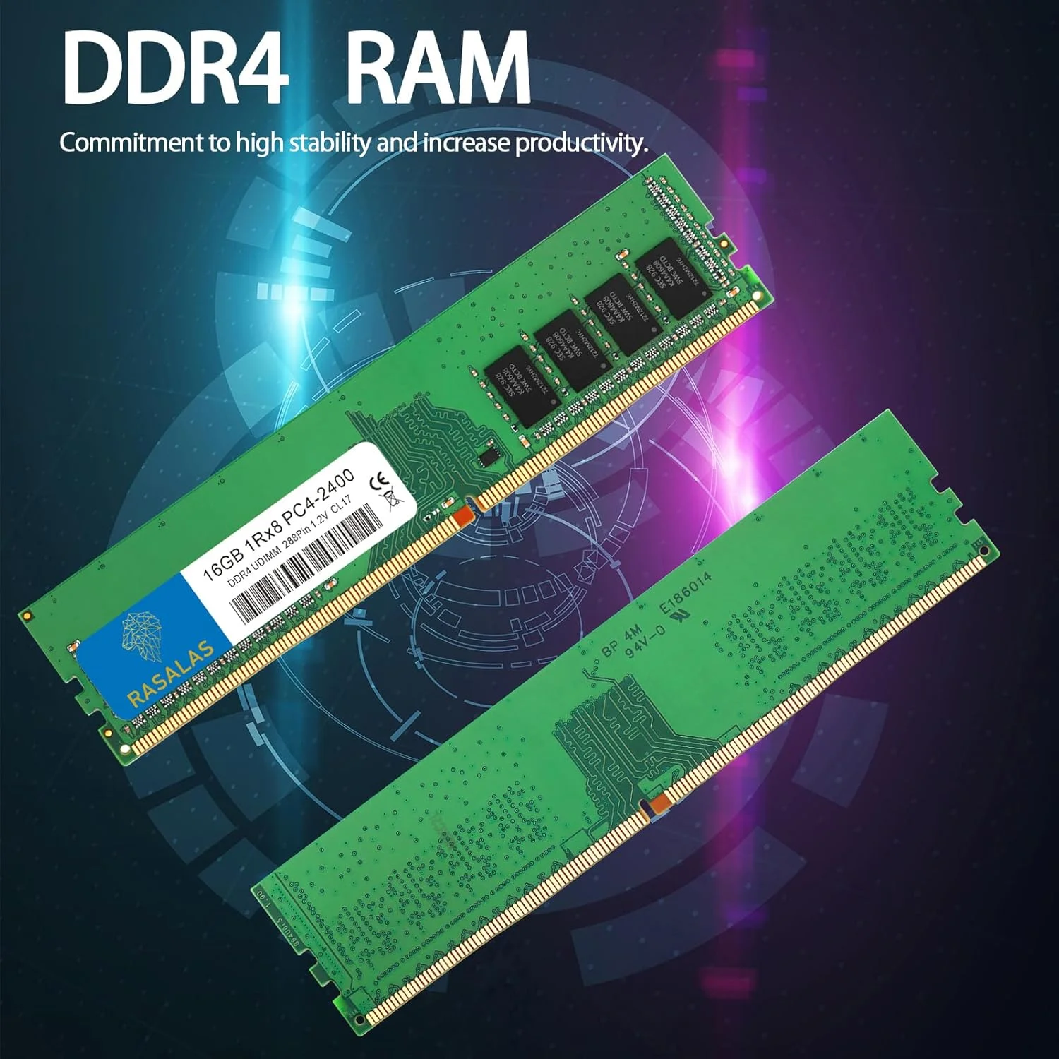 RASALAS رم کامپیوتر رومیزی 16 گیگابایت DDR4 2400MHz PC4-19200 Non-ECC Unbuffered 1.2V CL17 1Rx8 تک کاناله 288 پین UDIMM