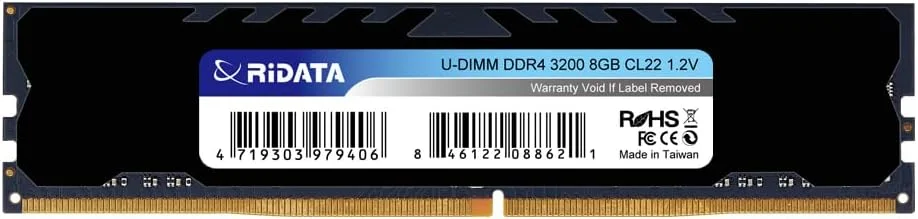 رم کامپیوتر Ridata Black DDR4 با ظرفیت 8 گیگابایت، سرعت 3200 مگاهرتز، PC4-25600، 288 پین، CL22، ولتاژ 1.2 ولت، UDIMM، مناسب برای بازی، به همراه هیت سینک، مدل RDA812
