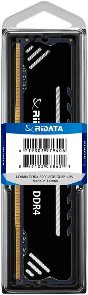 رم کامپیوتر Ridata Black DDR4 با ظرفیت 8 گیگابایت، سرعت 3200 مگاهرتز، PC4-25600، 288 پین، CL22، ولتاژ 1.2 ولت، UDIMM، مناسب برای بازی، به همراه هیت سینک، مدل RDA812