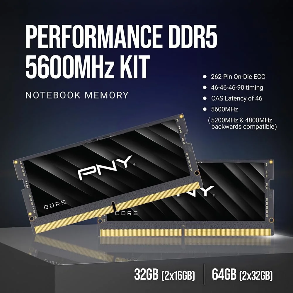 PNY Performance 64 گیگابایت (2x32 گیگابایت) DDR5 DRAM 5600 مگاهرتز (PC5-44800) – CL46-46-46-90 (سازگار با 5200 مگاهرتز، 4800 مگاهرتز)، 1.1 ولت، 262 پین Non-ECC – کیت حافظه کامپیوتر نوت بوک/لپ تاپ (SODIMM) – MN64GK2D55600-TB PNY Performance 64 گیگابایت (2x32 گیگابایت) DDR5 DRAM 5600 مگاهرتز (PC5-44800) – CL46-46-46-90 (سازگار با 5200 مگاهرتز، 4800 مگاهرتز)، 1.1 ولت، 262 پین Non-ECC – کیت حافظه کامپیوتر نوت بوک/لپ تاپ (SODIMM) – MN64GK2D55600-TB