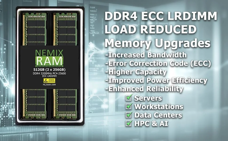 رم NEMIX با ظرفیت 64 گیگابایت (1X64GB) DDR4 2933MHZ PC4-23400 4Rx4 1.2V CL21 288-PIN ECC LRDIMM سازگار با حافظه سرور کاهش بار Samsung M386A8K40CM2-CVF