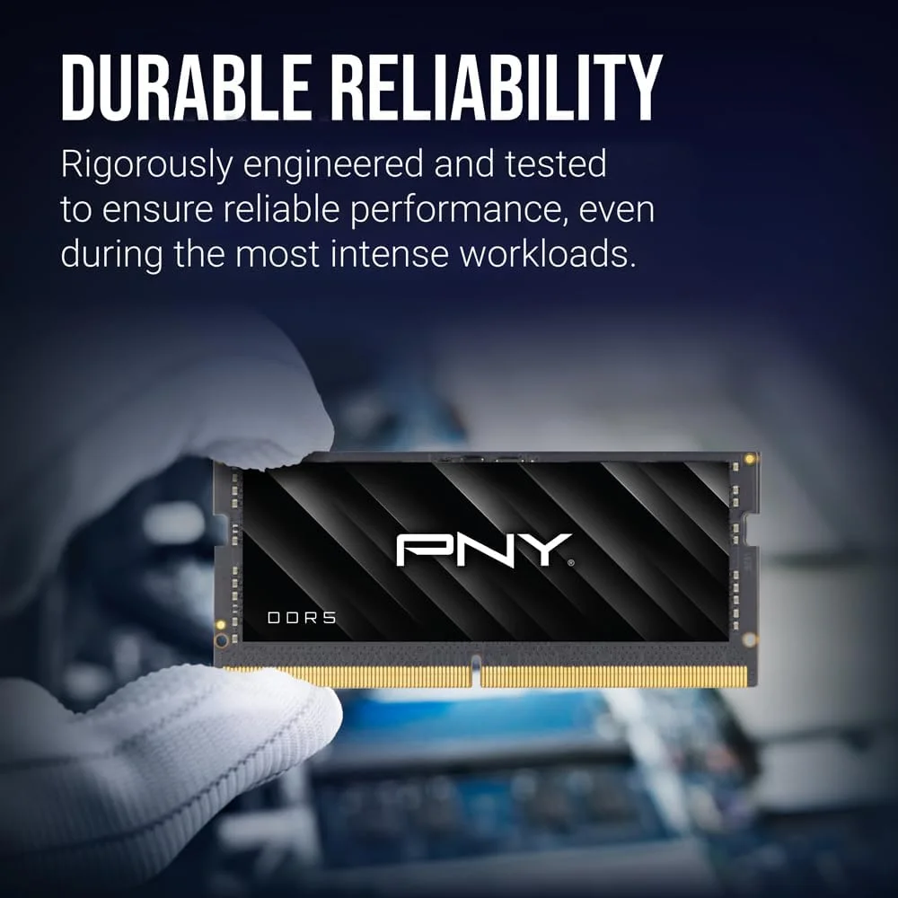 PNY Performance 64 گیگابایت (2x32 گیگابایت) DDR5 DRAM 5600 مگاهرتز (PC5-44800) – CL46-46-46-90 (سازگار با 5200 مگاهرتز، 4800 مگاهرتز)، 1.1 ولت، 262 پین Non-ECC – کیت حافظه کامپیوتر نوت بوک/لپ تاپ (SODIMM) – MN64GK2D55600-TB PNY Performance 64 گیگابایت (2x32 گیگابایت) DDR5 DRAM 5600 مگاهرتز (PC5-44800) – CL46-46-46-90 (سازگار با 5200 مگاهرتز، 4800 مگاهرتز)، 1.1 ولت، 262 پین Non-ECC – کیت حافظه کامپیوتر نوت بوک/لپ تاپ (SODIMM) – MN64GK2D55600-TB