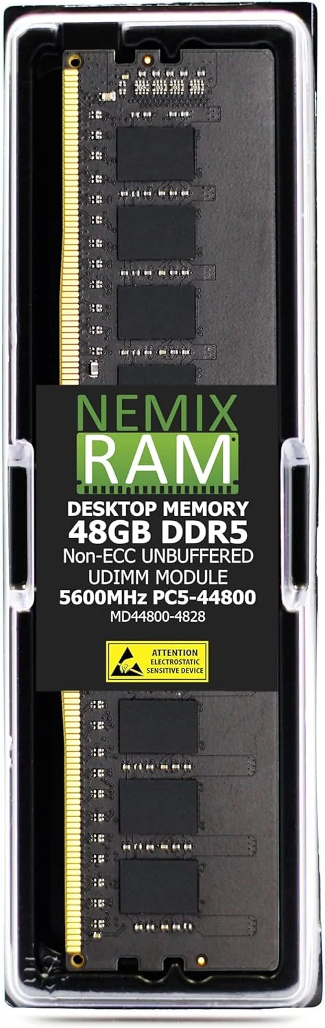 رم دسکتاپ 48 گیگابایتی NEMIX RAM (یک عدد 48 گیگابایتی) DDR5 5600MHZ PC5-44800 2Rx8 1.1V CL46 288-PIN Non-ECC Unbuffered سازگار با مادربرد ASUS TUF Gaming X670E-PLUS WiFi AI PC
