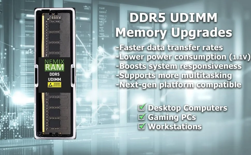 رم دسکتاپ 48 گیگابایتی NEMIX RAM (یک عدد 48 گیگابایتی) DDR5 5600MHZ PC5-44800 2Rx8 1.1V CL46 288-PIN Non-ECC Unbuffered سازگار با مادربرد ASUS TUF Gaming X670E-PLUS WiFi AI PC