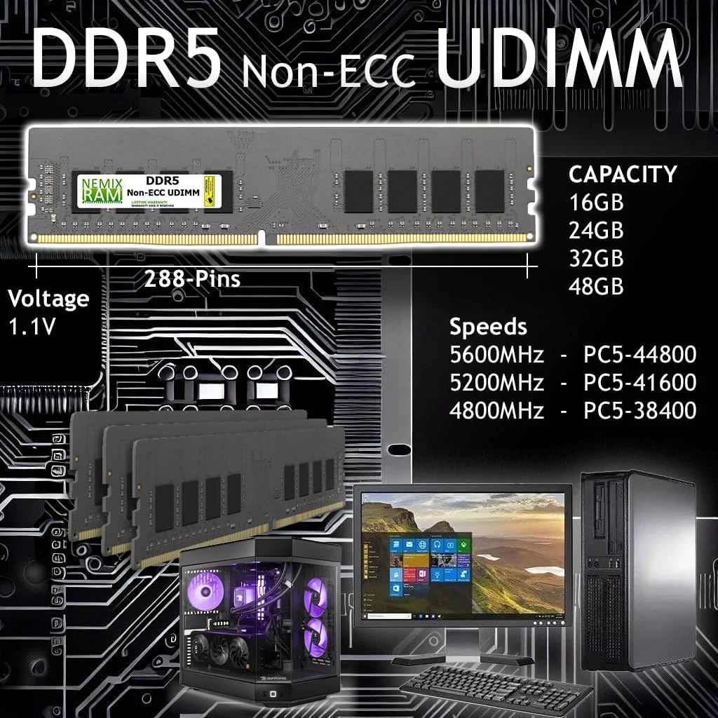 رم NEMIX با ظرفیت 32 گیگابایت (1X32GB) DDR5 5600MHZ PC5-44800 2Rx8 1.1V CL46 288-PIN Non-ECC Unbuffered UDIMM حافظه کامپیوتر رومیزی سازگار با SUPERMICRO Desktop Gaming SuperWorkstation SYS-531AD-I Super C9Z790-CG