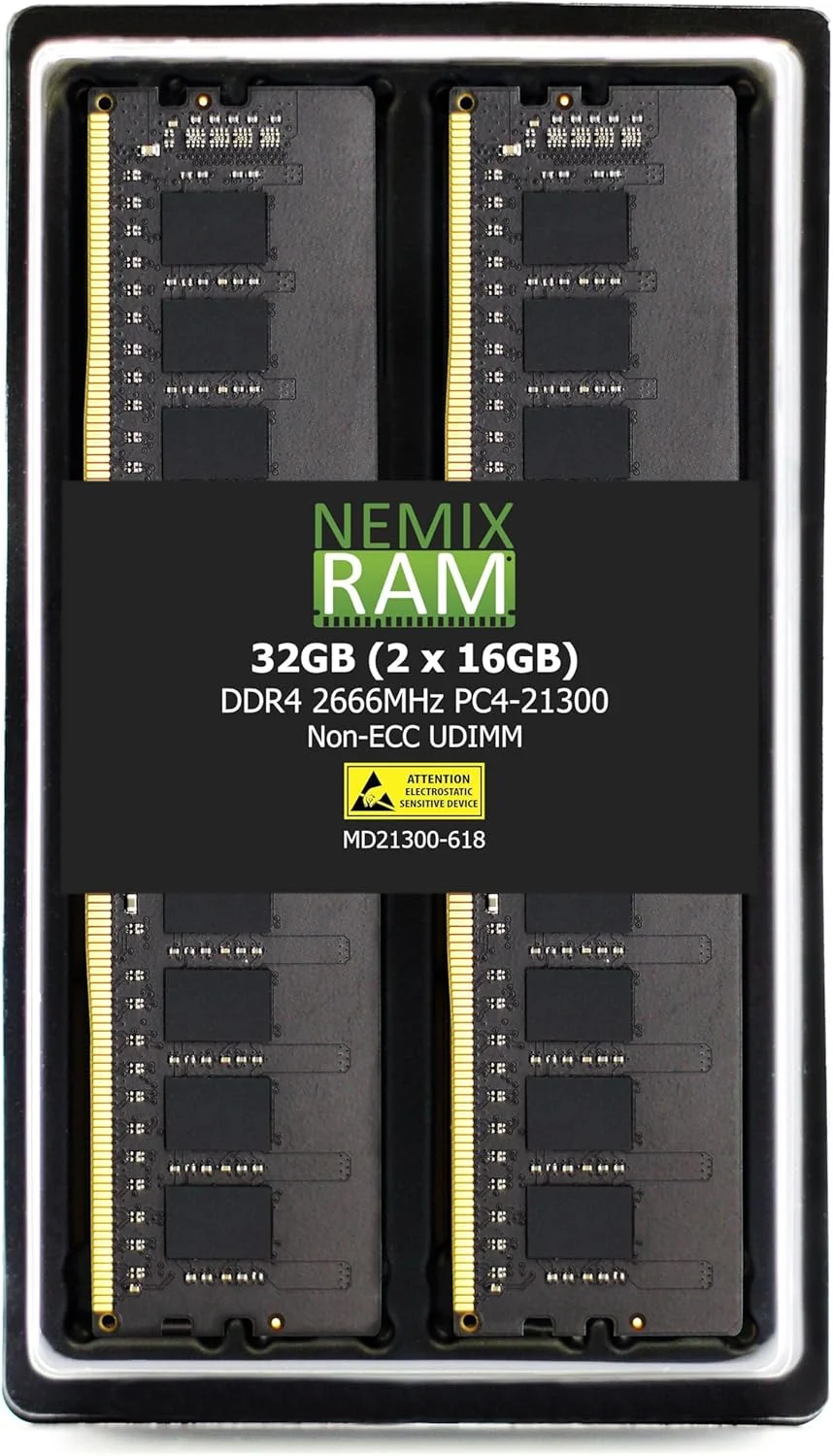 کیت حافظه رم دسکتاپ NEMIX RAM با ظرفیت 32 گیگابایت (2 عدد 16 گیگابایتی) DDR4 2666MHZ PC4-21300 1Rx8 1.2V CL19 288-PIN Non-ECC Unbuffered UDIMM سازگار با SUPERMICRO Desktop Gaming SuperWorkstation MBD-C9Z390CG-IW