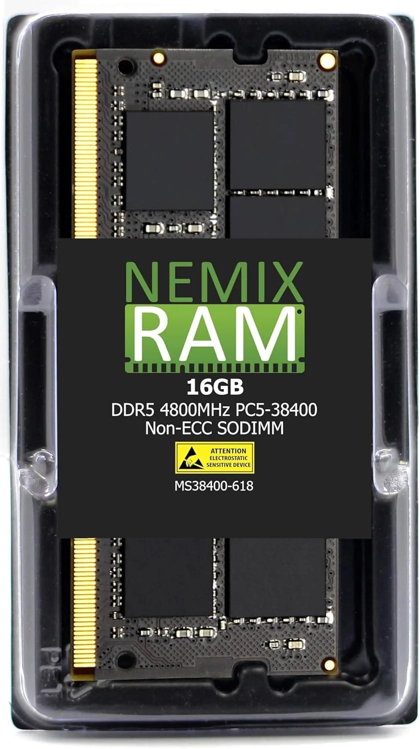 رم NEMIX با ظرفیت ۱۶ گیگابایت (تک کاناله ۱۶ گیگابایتی) DDR5 با فرکانس ۴۸۰۰ مگاهرتز PC5-38400 تک ردیفه ۸ تایی ۱.۱ ولت CL40 ۲۶۲ پین Non-ECC Unbuffered SODIMM مناسب برای لپ تاپ
