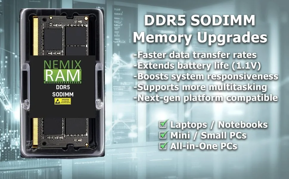 رم NEMIX با ظرفیت ۱۶ گیگابایت (تک کاناله ۱۶ گیگابایتی) DDR5 با فرکانس ۴۸۰۰ مگاهرتز PC5-38400 تک ردیفه ۸ تایی ۱.۱ ولت CL40 ۲۶۲ پین Non-ECC Unbuffered SODIMM مناسب برای لپ تاپ