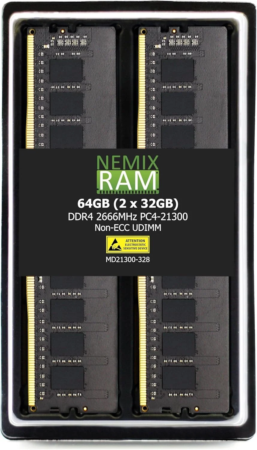 کیت حافظه رم دسکتاپ NEMIX RAM با ظرفیت 64 گیگابایت (2 عدد 32 گیگابایتی) DDR4 2666MHZ PC4-21300 2Rx8 1.2V CL19 288-PIN Non-ECC Unbuffered UDIMM
