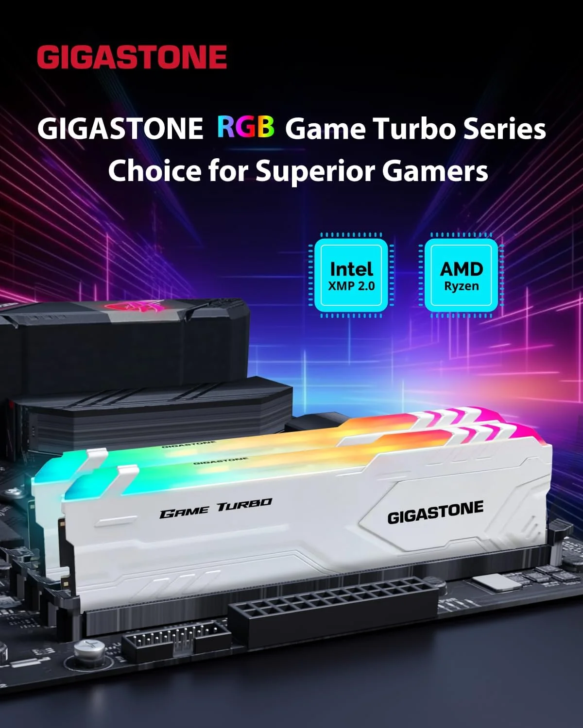 【رم RGB DDR4】 GIGASTONE Game TURBO کیت 16 گیگابایتی (2x8GB) DDR4 3200MHz PC4-25600 CL 16-18-18-40 Intel XMP 2.0 AMD Ryzen 1.35V UDIMM 288 پین بدون بافر Non ECC حافظه دسکتاپ گیمینگ با عملکرد بالا - سفید