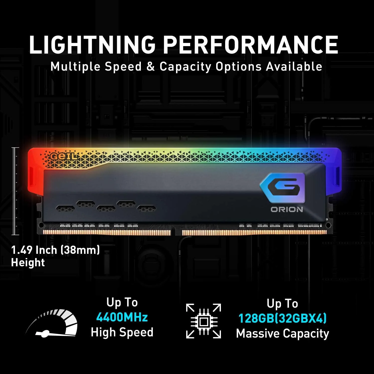 رم دسکتاپ پرسرعت GeIL Orion RGB DDR4، ۳۲ گیگابایت (۲x۱۶ گیگابایت) ۳۶۰۰ مگاهرتز ۱.۳۵ ولت XMP2.0، سازگار با Intel/AMD، حافظه DIMM بلند، مناسب برای بازی‌های سنگین/تولید محتوای چندرسانه‌ای/پخش زنده با کیفیت