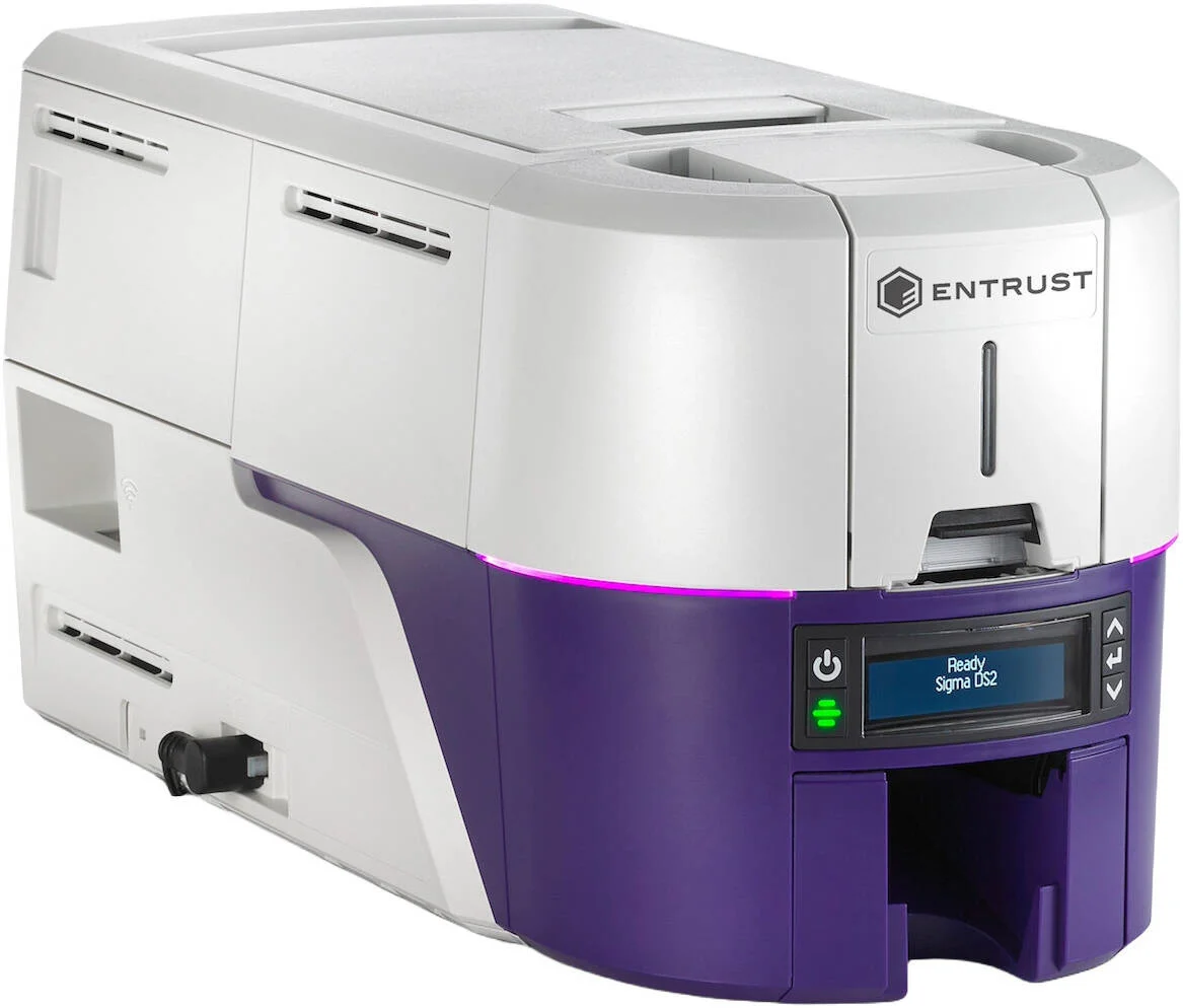 چاپگر کارت شناسایی Entrust Sigma DS2، پشتیبانی از چاپ دو طرفه، رزولوشن تا 300 x 1200 DPI، حداکثر سرعت چاپ 140 CPH دو طرفه و 225 CPH یک طرفه، USB و اترنت، سفید/بنفش | 525301-005