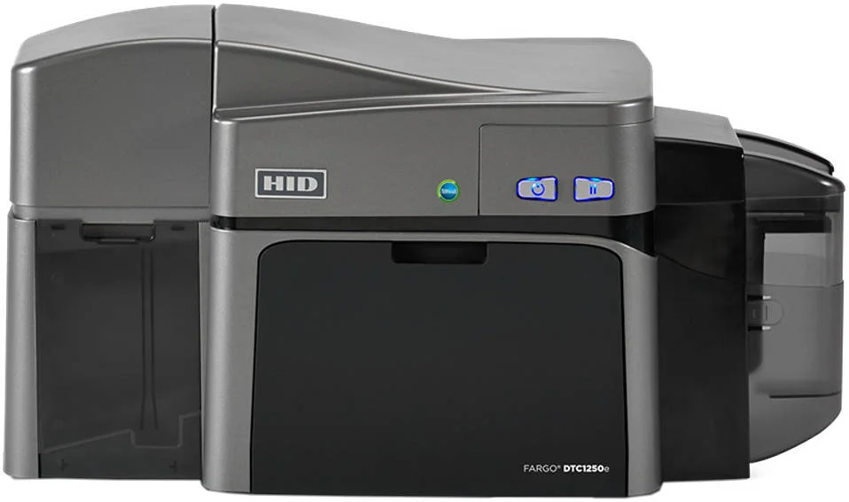 چاپگر کارت شناسایی دو طرفه HID Fargo DTC1250e به همراه Asure ID - Solo (تحویل دیجیتال)، DTC1250e، 300dpi، 100-240VAC، کارتریج YMCKO با غلطک تمیز کننده، شامل 100 کارت ساده، خاکستری