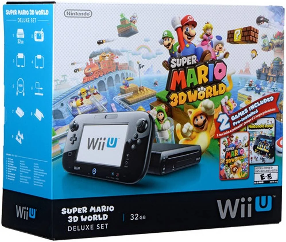 مجموعه لوکس Nintendo Wii U Super Mario 3D World، گیم‌پد Wii U، فضای ذخیره‌سازی 32 گیگابایتی، پشتیبانی از Nintendo Network و Miiverse، وای‌فای 802.11b/g/n، سازگار با بازی‌های Wii، مشکی | WUP S KAGF USZ