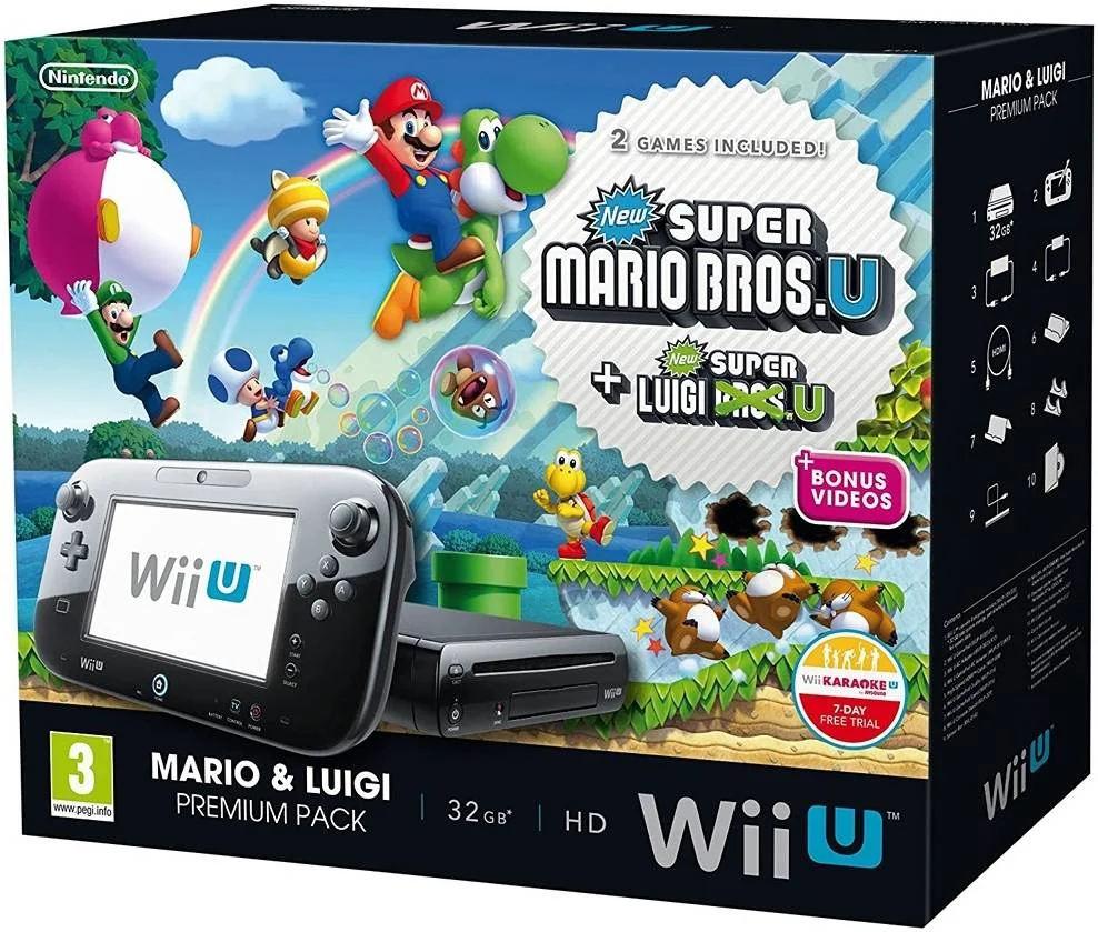 کنسول نینتندو Wii U مدل PAL Mario & Luigi Premium Pack، ۳۲ گیگابایت، صفحه نمایش لمسی ۶.۲ اینچی ۱۶:۹ LCD، سیستم کنترل حرکتی، دوربین جلو، میکروفون، بلندگوهای استریو، قابلیت لرزش، مشکی | WUP-S-KAFM(EUA)