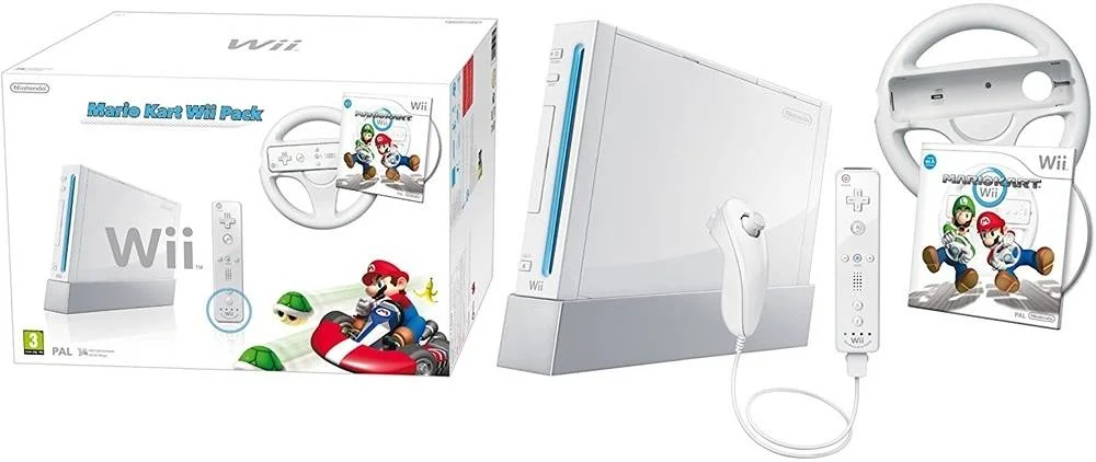 کنسول نینتندو Wii سفید همراه با بسته ماریو کارت، فرمان و ریموت Wii، نسخه UK، سفید | RVL S WABD(HA)