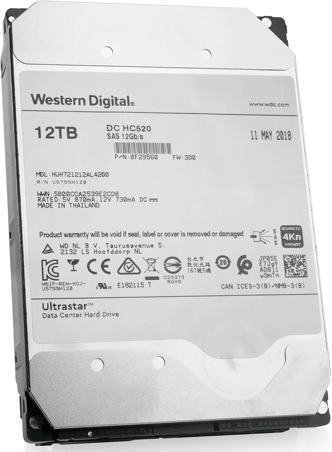 هارد دیسک داخلی 12 ترابایتی HGST WD Ultrastar DC HC520 HUH721212AL4200، سرعت 7200 دور در دقیقه، رابط SAS 12Gb/s، فرمت پیشرفته 4Kn، مناسب مراکز داده (بازسازی شده) هارد دیسک داخلی 12 ترابایتی HGST WD Ultrastar DC HC520 HUH721212AL4200، سرعت 7200 دور در دقیقه، رابط SAS 12Gb/s، فرمت پیشرفته 4Kn، مناسب مراکز داده (بازسازی شده)