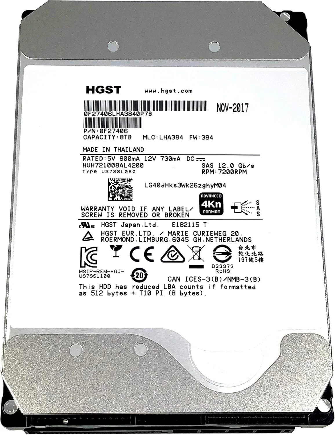 HGST Ultrastar He10 | HUH721008AL4200 | 0F27406 | 8 ترابایت 7200 دور در دقیقه 256 مگابایت کش SAS 12 گیگابیت بر ثانیه 3.5 اینچ | 4Kn | پاکسازی امن فوری | درایوهای دیسک سخت سازمانی پلتفرم هلیوم (بازسازی شده)