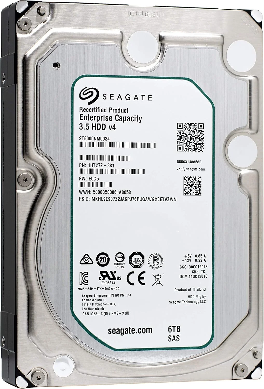 هارد دیسک سیگیت Enterprise Capacity 3.5 | ST6000NM0034 | ظرفیت 6 ترابایت، سرعت 7.2K RPM، رابط SAS 12Gb/s، حافظه کش 128 مگابایت، اندازه 3.5 اینچ، 512n، هارد دیسک Enterprise برای کاربردهای Hyperscale (بازسازی شده)