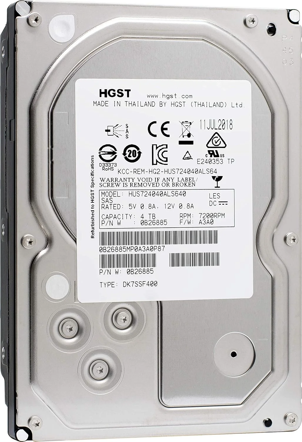 هارد دیسک داخلی سازمانی HGST Ultrastar 7K4000 با ظرفیت 4 ترابایت، سایز 3.5 اینچ، سرعت 7200 دور در دقیقه، SAS 12Gb/s و حافظه کش 64 مگابایت - مدل HUS724040ALS640 (بازسازی شده)