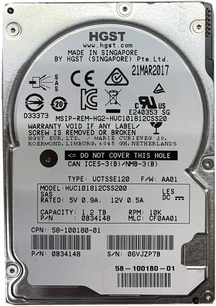هارد دیسک HGST با ظرفیت 1.2 ترابایت، سرعت 10K RPM، اندازه 2.5 اینچ و رابط 12Gb/s SAS، مدل: HUC101812CSS200، شماره قطعه: 0KV02