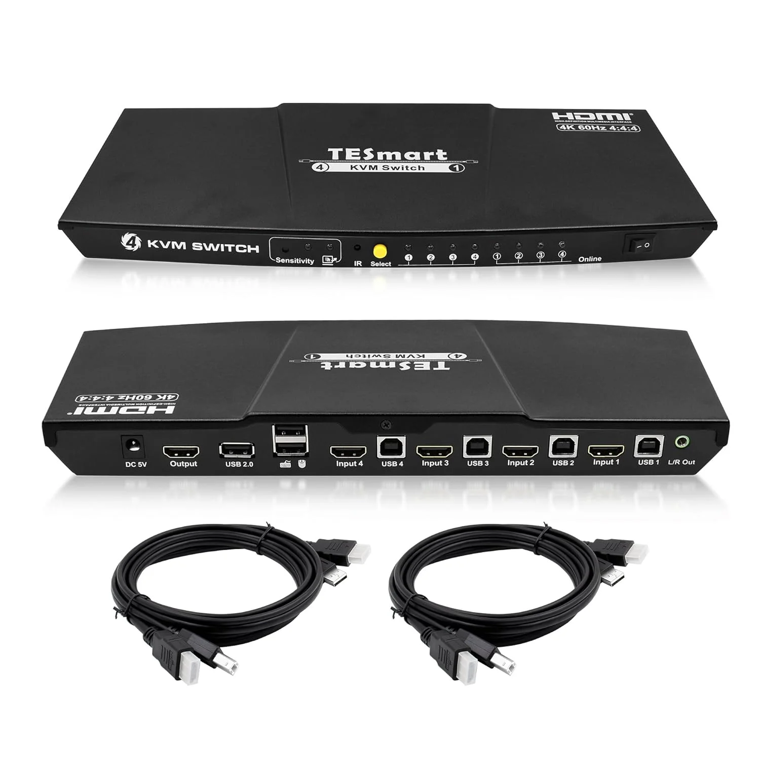 سوئیچ KVM HDMI چهار پورت با 2 عدد کابل KVM 1.5 متری، رزولوشن 3840x2160@60Hz، پشتیبانی از خروجی صدا L/R و کنترل دستگاه USB 2.0 (مشکی)