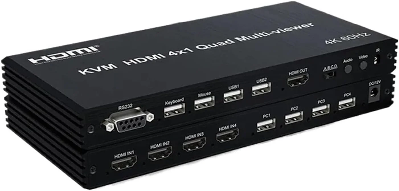 سوییچ KVM چند نمایشگر 4x1 HDMI با کیفیت 4K، تقسیم کننده صفحه نمایش چهارگانه بدون درز، آداپتور سوییچ HDMI با قابلیت نمایش چندگانه 4 به 1 (4x1 KVM 4K60، دوشاخه EU)