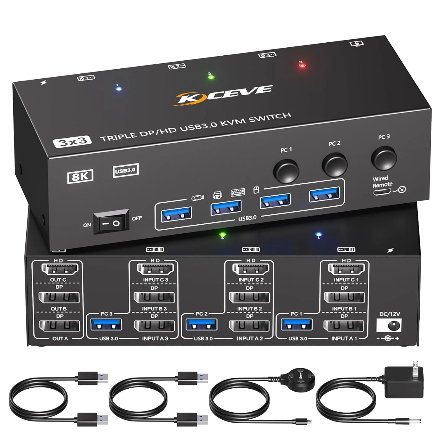 سوئیچ KVM با HDMI+2Displayport برای 3 مانیتور و 3 کامپیوتر با رزولوشن 8K@60Hz و 4K@144Hz، سوئیچ KVM سه مانیتوره با 4 پورت USB3.0 برای دستگاه های USB، ریموت کنترل سیمی، آداپتور برق و کابل های USB.