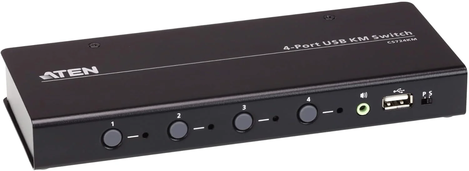 سوئیچ KM یو اس بی 4 پورت ATEN CS724KM (همراه با کابل) پشتیبانی از جابجایی بدون مرز، پشتیبانی از دسکتاپ های توسعه یافته، 4 مانیتور برای هر رایانه تا 8 رایانه به صورت زنجیره ای