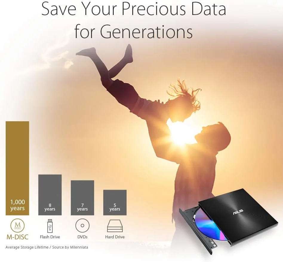 درایو نوری اکسترنال ایسوس ZenDrive مشکی 13 میلی‌متری 8X DVD/RW با پشتیبانی از M-Disc، سازگار با مک و ویندوز و Nero BackItUp برای دستگاه‌های اندرویدی (شامل کابل‌های USB 2.0 Type-C)