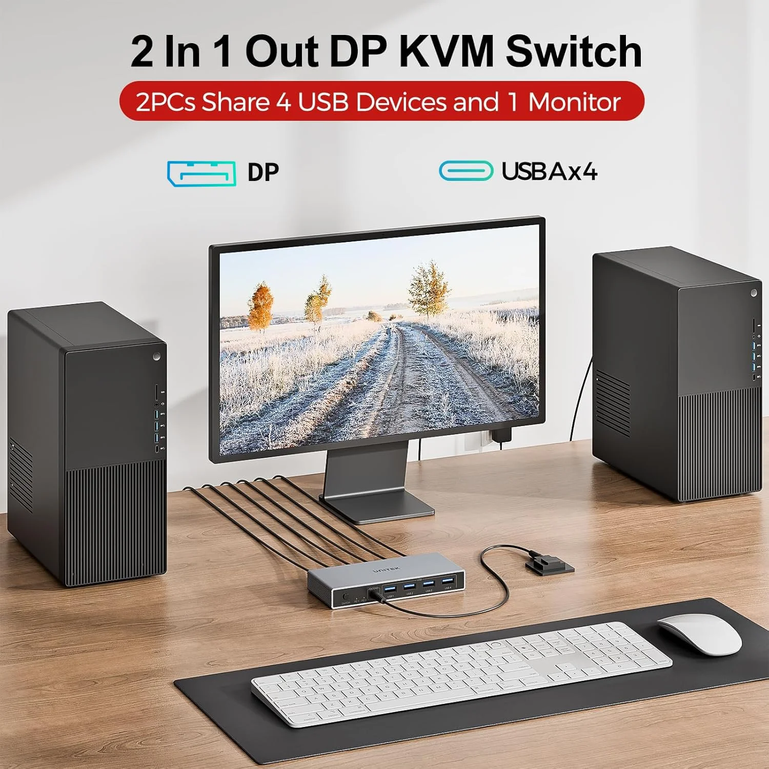 سوئیچ KVM دیسپلی پورت Unitek، یک مانیتور، دو کامپیوتر، USB 3.0، 8K@60Hz، سوئیچ KVM چهار پورت برای به اشتراک گذاری مانیتور، کیبورد، ماوس و هارد درایو بین 2 کامپیوتر، 5 گیگابیت بر ثانیه، 2 کابل USB A، آداپتور DC5V و کنترلر رومیزی