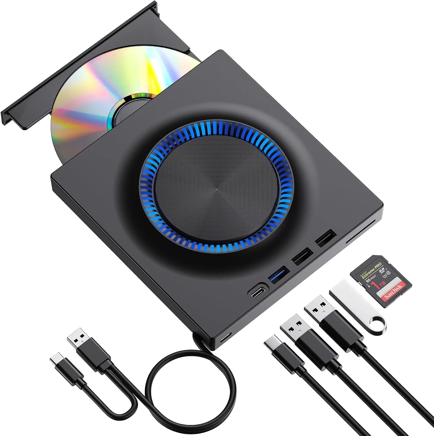 درایو اکسترنال CD DVD مدل KASTWAVE برای لپ تاپ USB-C CD/DVD رایتر و ریدر قابل حمل با هاب USB 3.0 و اسلات کارت SD برای اپل مک و ویندوز 11/10/8/7 و لینوکس