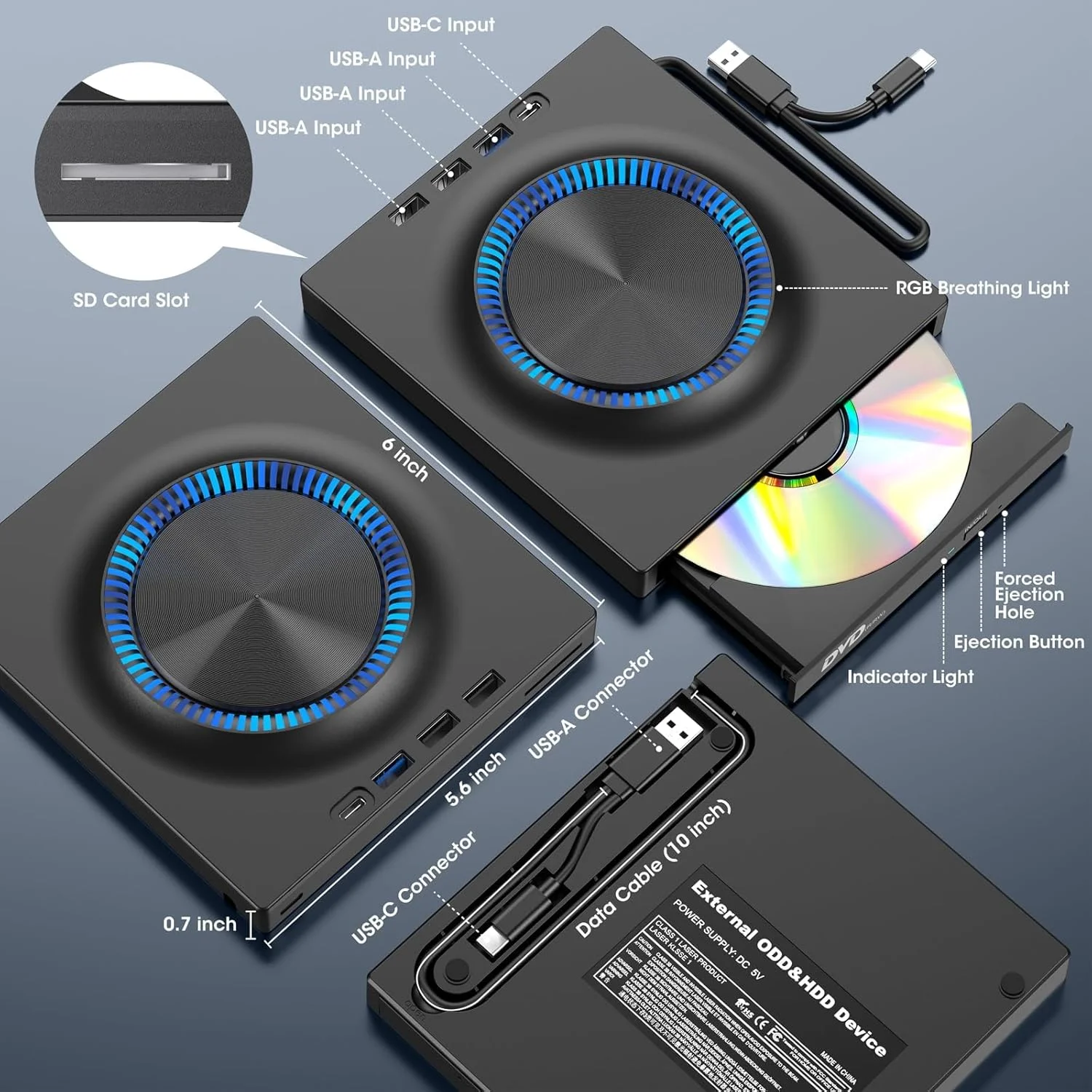 درایو اکسترنال CD DVD مدل KASTWAVE برای لپ تاپ USB-C CD/DVD رایتر و ریدر قابل حمل با هاب USB 3.0 و اسلات کارت SD برای اپل مک و ویندوز 11/10/8/7 و لینوکس