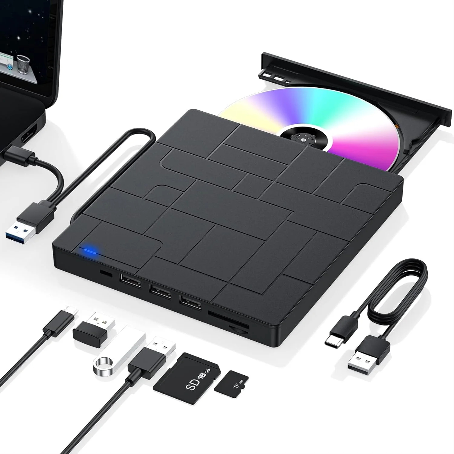 درایو نوری اکسترنال NALACAL برای لپ تاپ، پخش کننده DVD باریک و قابل حمل USB 3.0 مدل 7 در 1، رایتر CD ROM، درایو دیسک اکسترنال سازگار با سیستم عامل های ویندوز، مک و لینوکس (مشکی)