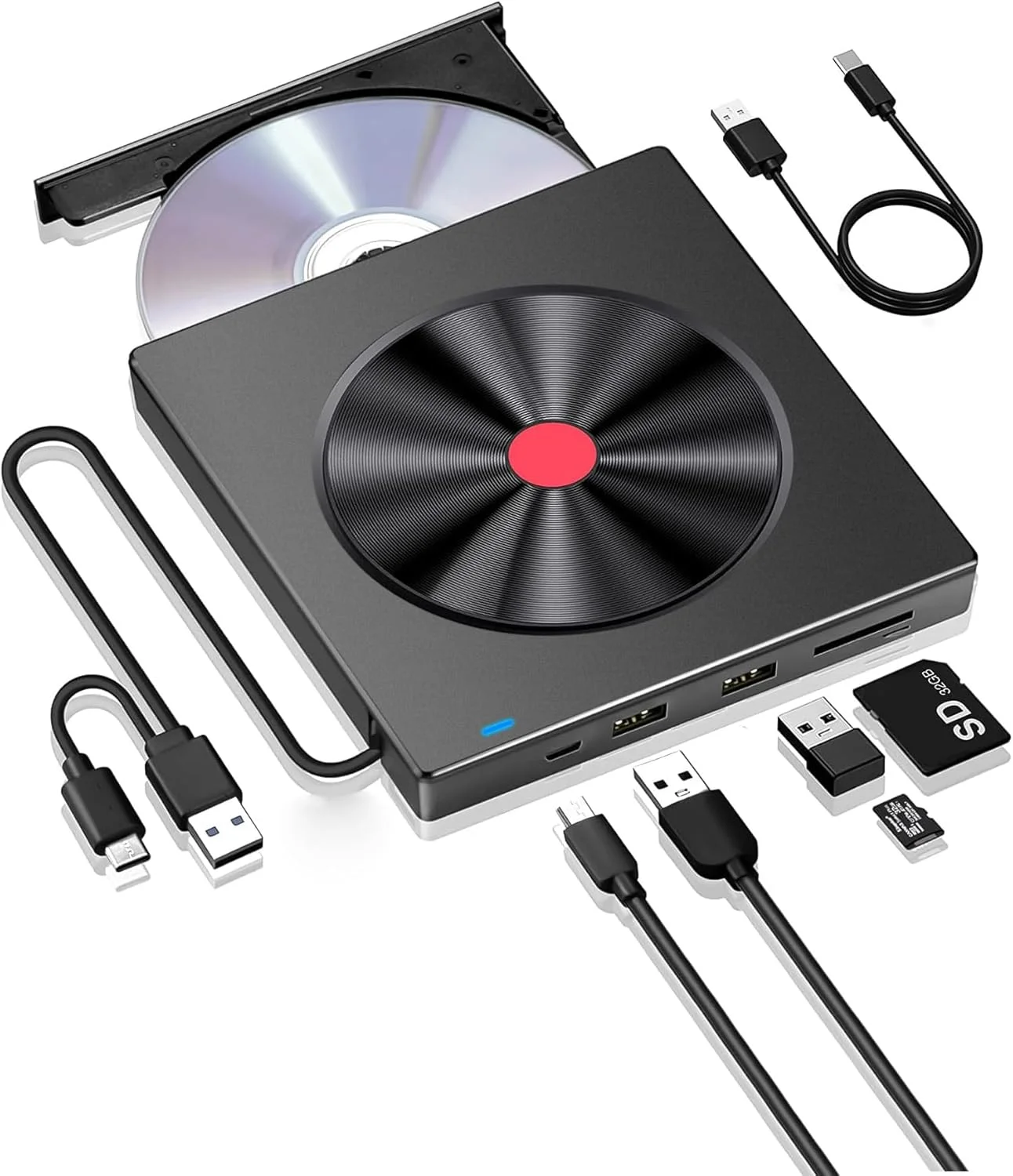 درایو DVD اکسترنال NALACAL، درایو CD USB 3.0 Type C قابل حمل CD/DVD ROM +/-RW رایتر با اسلات SD TF و پورت های USB، پخش کننده DVD باریک برای لپ تاپ مک بوک پرو ایر PC اپل iMac ویندوز