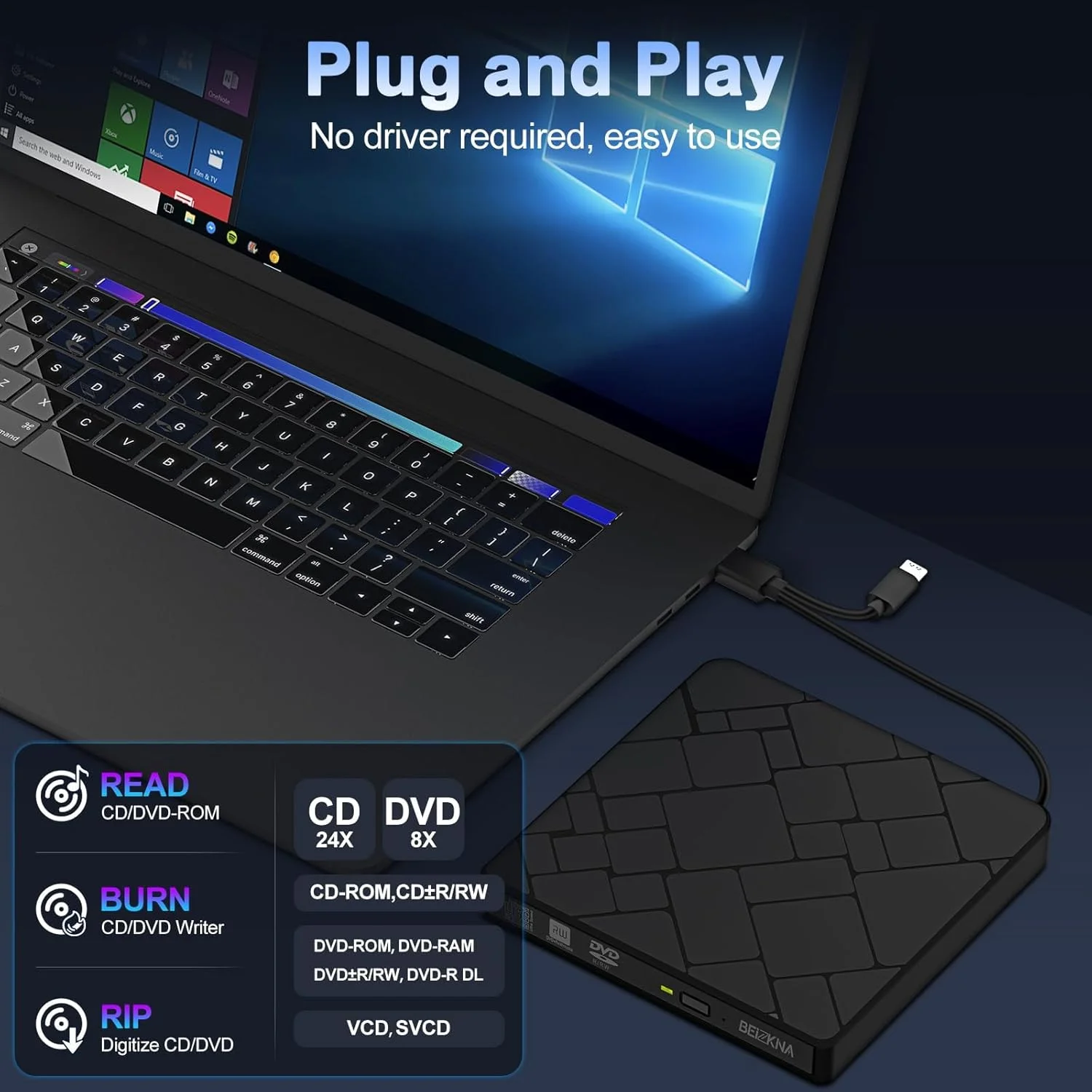 درایو نوری اکسترنال NALACAL برای لپ تاپ USB 3.0 و USB-C، پخش کننده DVD قابل حمل، برای CD ROM +/- RW رایت و خواندن دیسک نوری برای PC، مک، دسکتاپ، ویندوز 11/10/8/7/XP/2003/Vista/Linux