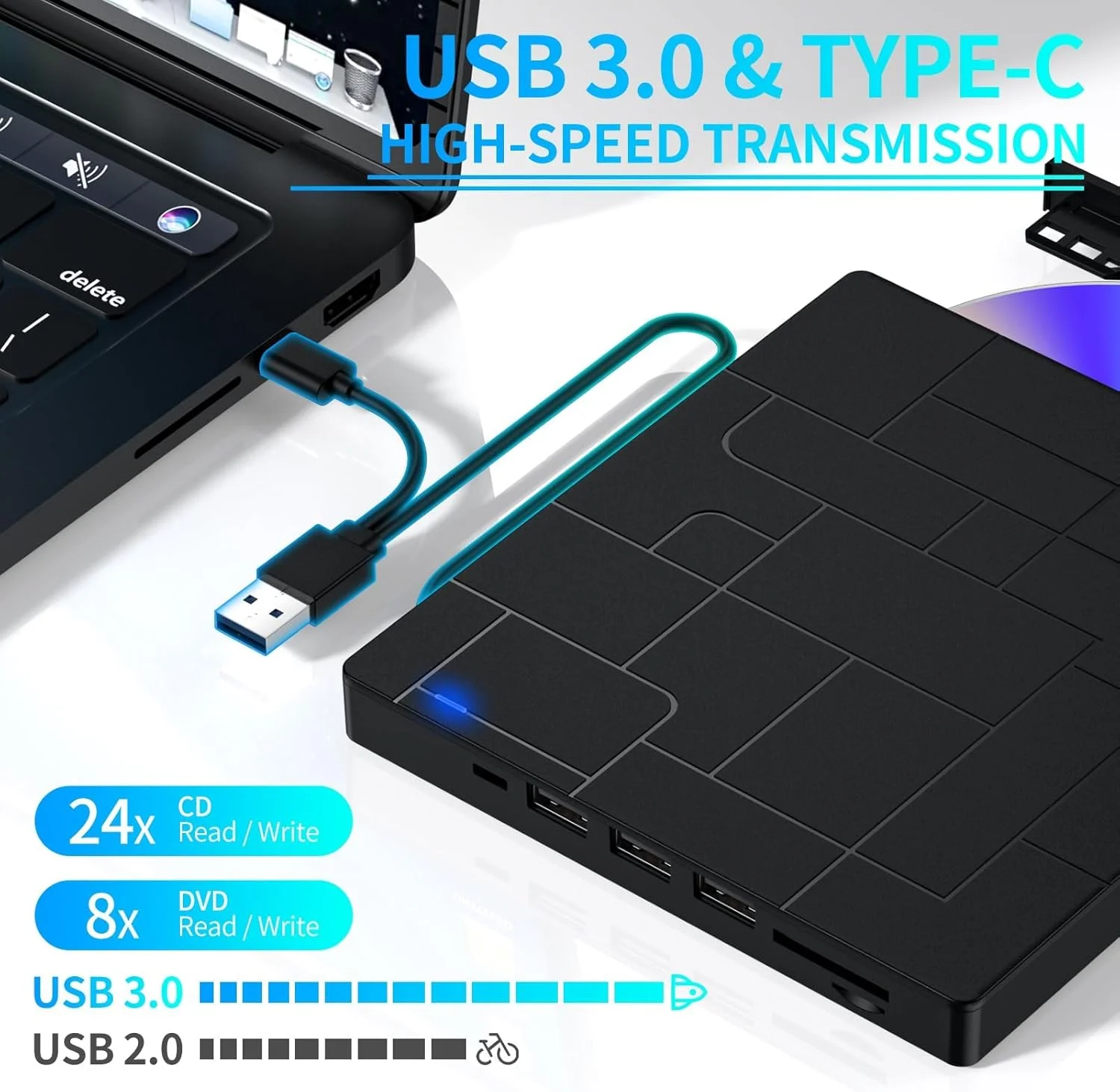 درایو نوری اکسترنال NALACAL برای لپ تاپ، پخش کننده DVD باریک و قابل حمل USB 3.0 مدل 7 در 1، رایتر CD ROM، درایو دیسک اکسترنال سازگار با سیستم عامل های ویندوز، مک و لینوکس (مشکی)