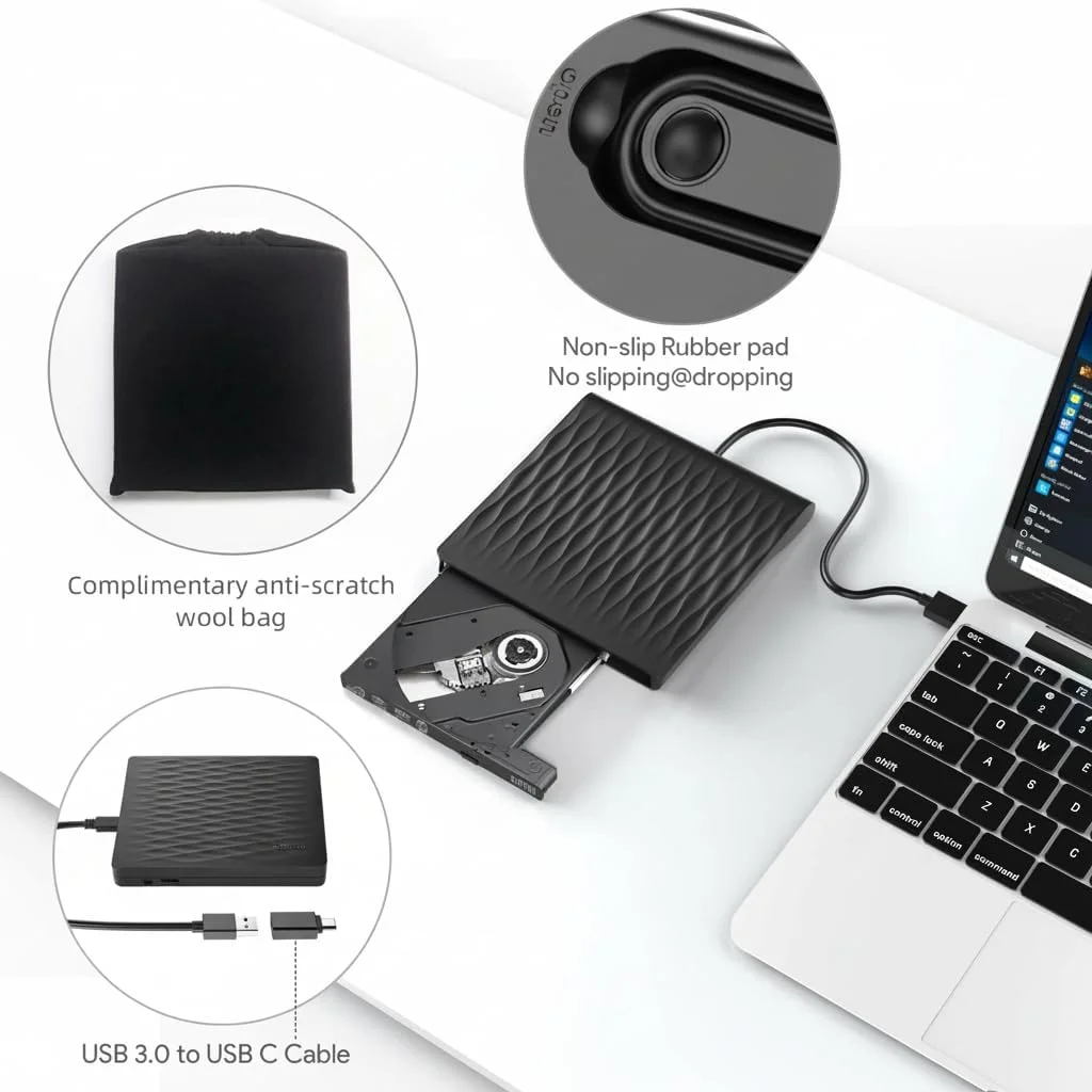 درایو DVD اکسترنال NALACAL، رایتر CD قابل حمل، درایو نوری USB 3.0 Type-C DVD ROM، پخش کننده RW برای لپ تاپ، کامپیوتر رومیزی، ویندوز 7، 11، 10، مک پرو و مک بوک ایر