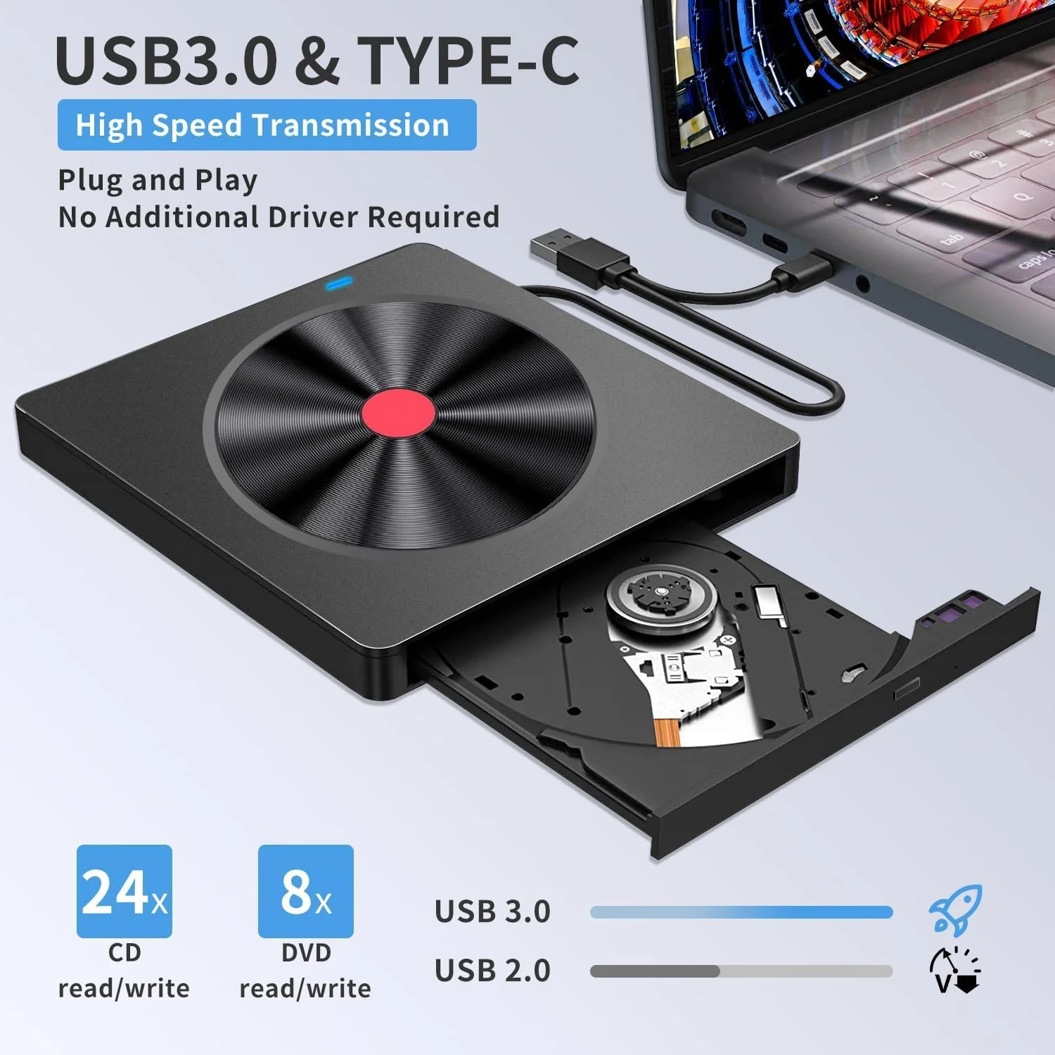 درایو DVD اکسترنال NALACAL، درایو CD USB 3.0 Type C قابل حمل CD/DVD ROM +/-RW رایتر با اسلات SD TF و پورت های USB، پخش کننده DVD باریک برای لپ تاپ مک بوک پرو ایر PC اپل iMac ویندوز