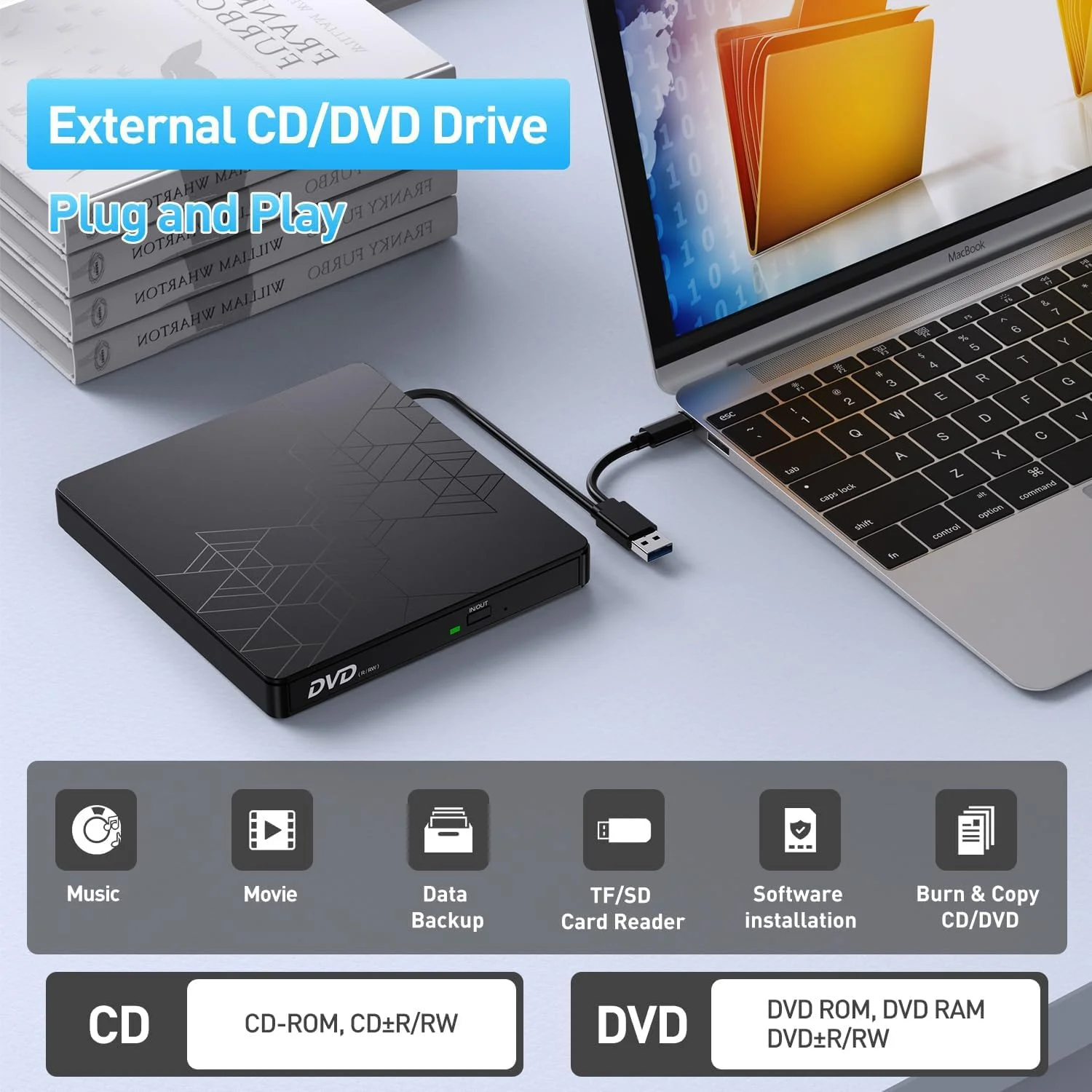 درایو DVD اکسترنال NALACAL، درایو CD USB 3.0 Type C CD/DVD ROM +/-RW آداپتور با پورت USB دی وی دی رایتر برای لپ تاپ کامپیوتر رومیزی، درایو دیسک نوری پخش کننده CD سازگار با مک ویندوز لینوکس