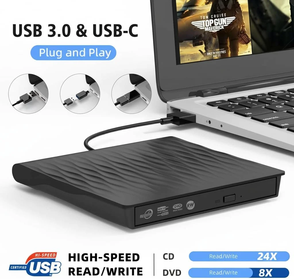 درایو DVD اکسترنال NALACAL، رایتر CD قابل حمل، درایو نوری USB 3.0 Type-C DVD ROM، پخش کننده RW برای لپ تاپ، کامپیوتر رومیزی، ویندوز 7، 11، 10، مک پرو و مک بوک ایر