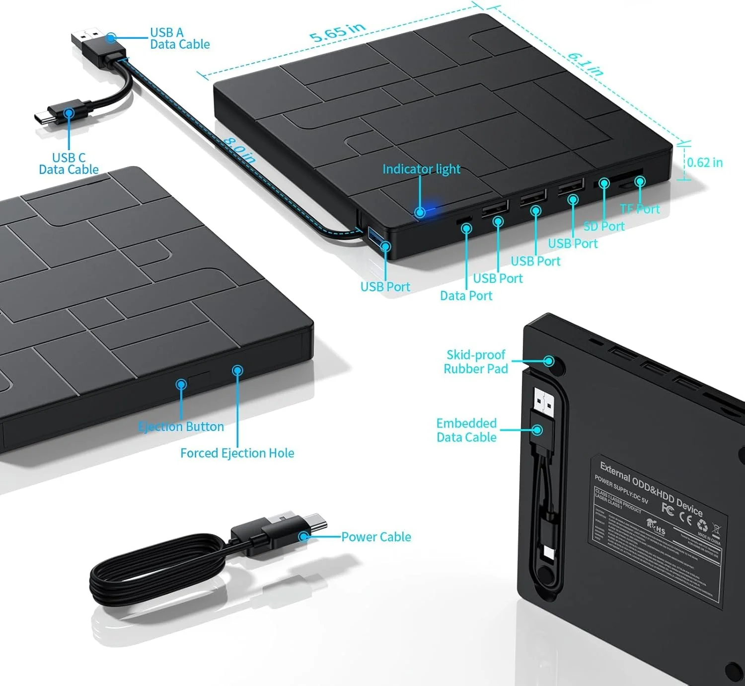 درایو نوری اکسترنال NALACAL برای لپ تاپ، پخش کننده DVD باریک و قابل حمل USB 3.0 مدل 7 در 1، رایتر CD ROM، درایو دیسک اکسترنال سازگار با سیستم عامل های ویندوز، مک و لینوکس (مشکی)