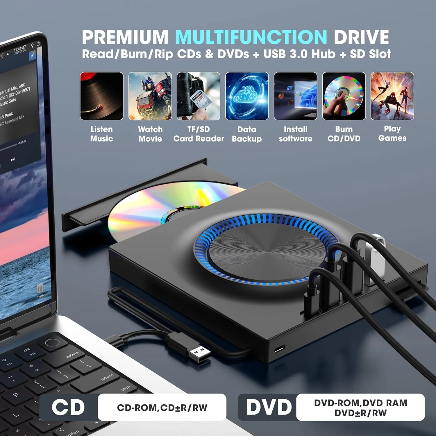 درایو نوری اکسترنال NALACAL برای لپ تاپ USB-C، رایتر و ریدر CD/DVD +/-RW قابل حمل با هاب USB 3.0 و اسلات کارت SD برای اپل مک، ویندوز 11/10/8/7، لینوکس، کامپیوتر و لپ تاپ