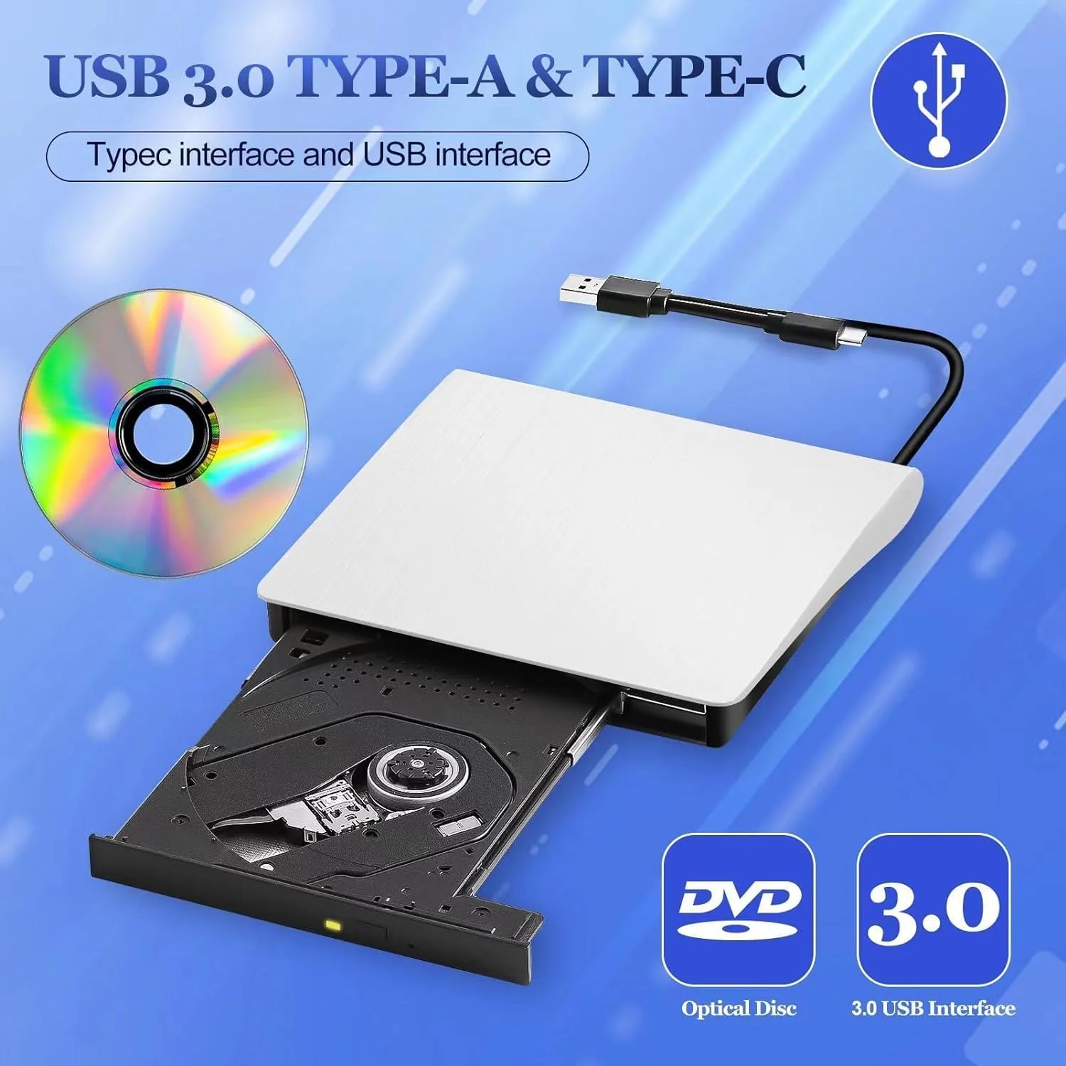 درایو نوری اکسترنال NALACAL، پخش کننده DVD قابل حمل USB 3.0 Type C برای لپ تاپ، کابل برق توسعه یافته، درایو دیسک اکسترنال سازگار با کامپیوتر رومیزی