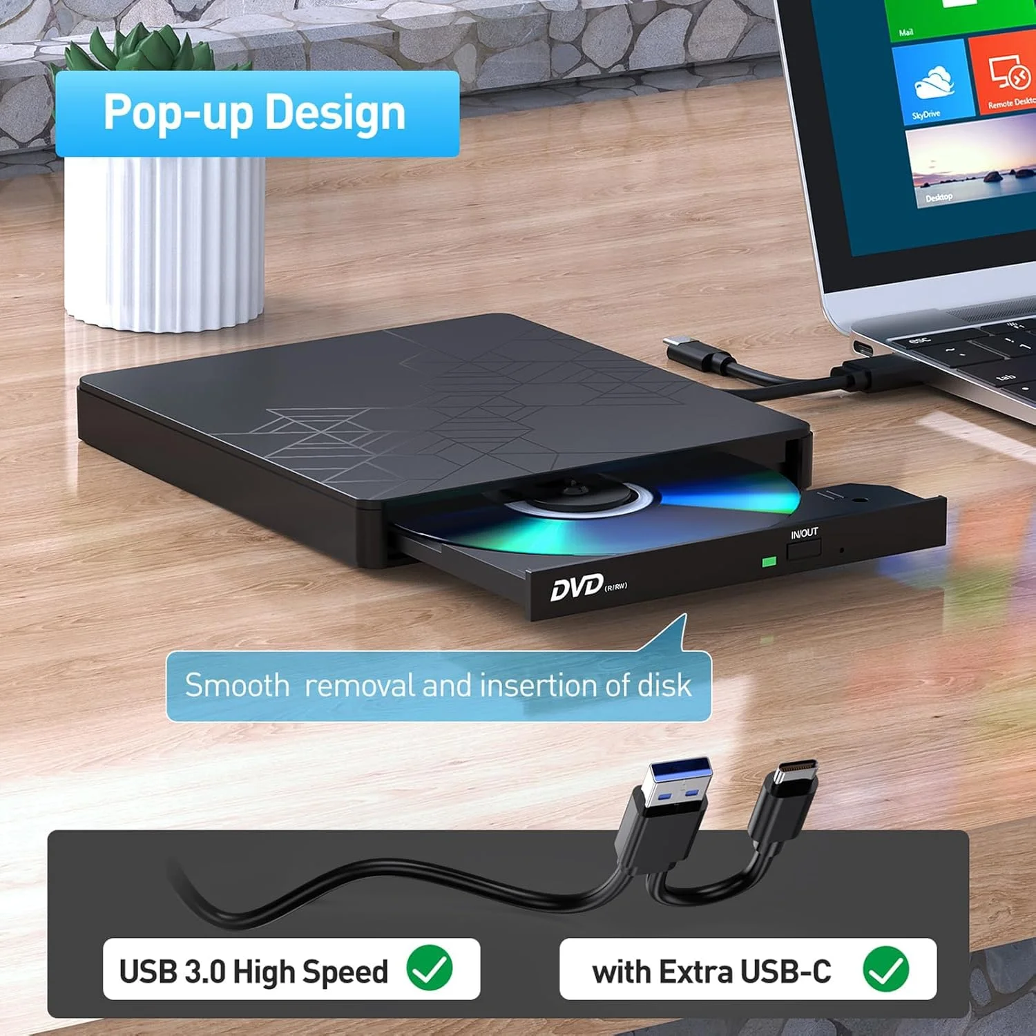 درایو DVD اکسترنال NALACAL، درایو CD USB 3.0 Type C CD/DVD ROM +/-RW آداپتور با پورت USB دی وی دی رایتر برای لپ تاپ کامپیوتر رومیزی، درایو دیسک نوری پخش کننده CD سازگار با مک ویندوز لینوکس